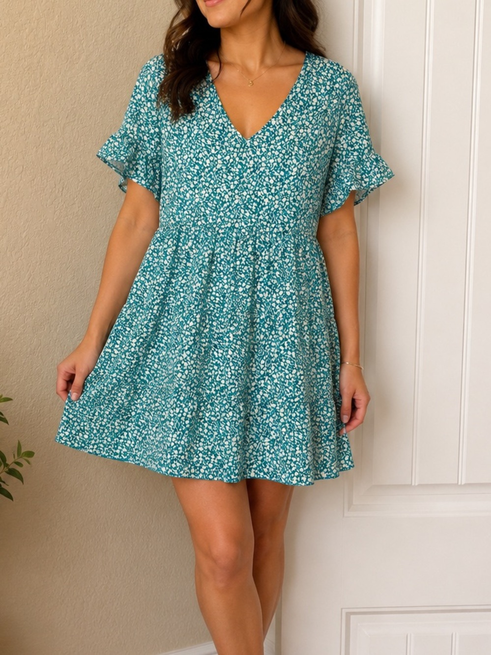 Teal Floral V-Neck Short Sleeve Dress